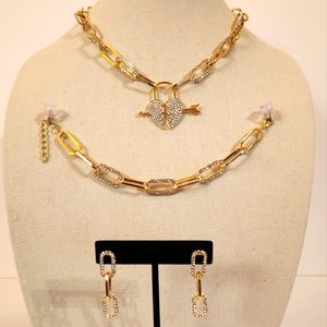Gold/Austrian Crystal Paper Clip Heart Necklace/Bracelet/Earrings 3pc Set